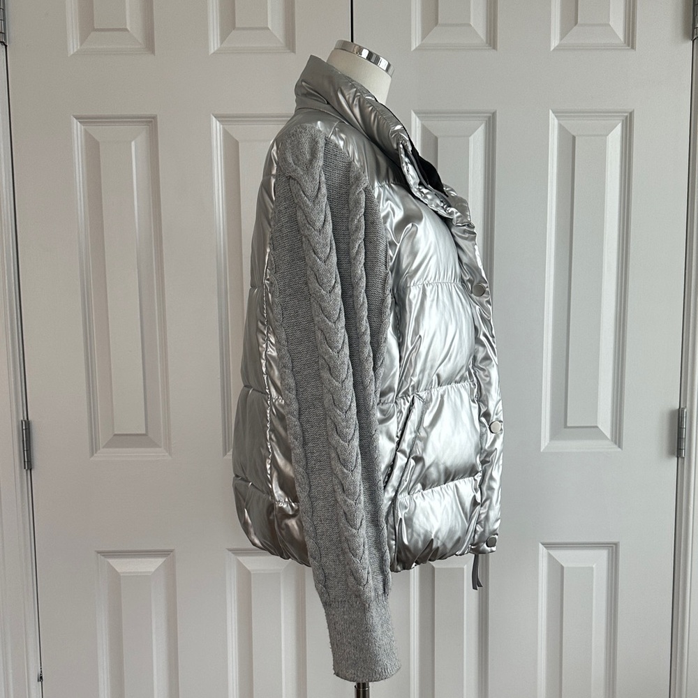 Talbots Metalic Silver Puffer Quilted Cable Knit Sleeves Winter Jacket Size L - Picture 8 of 14